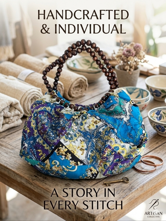 Hand Crafted Handbags - HAND CRAFTED Bohemian Patch work Beaded Handle HAND Bag - Blue & Purple